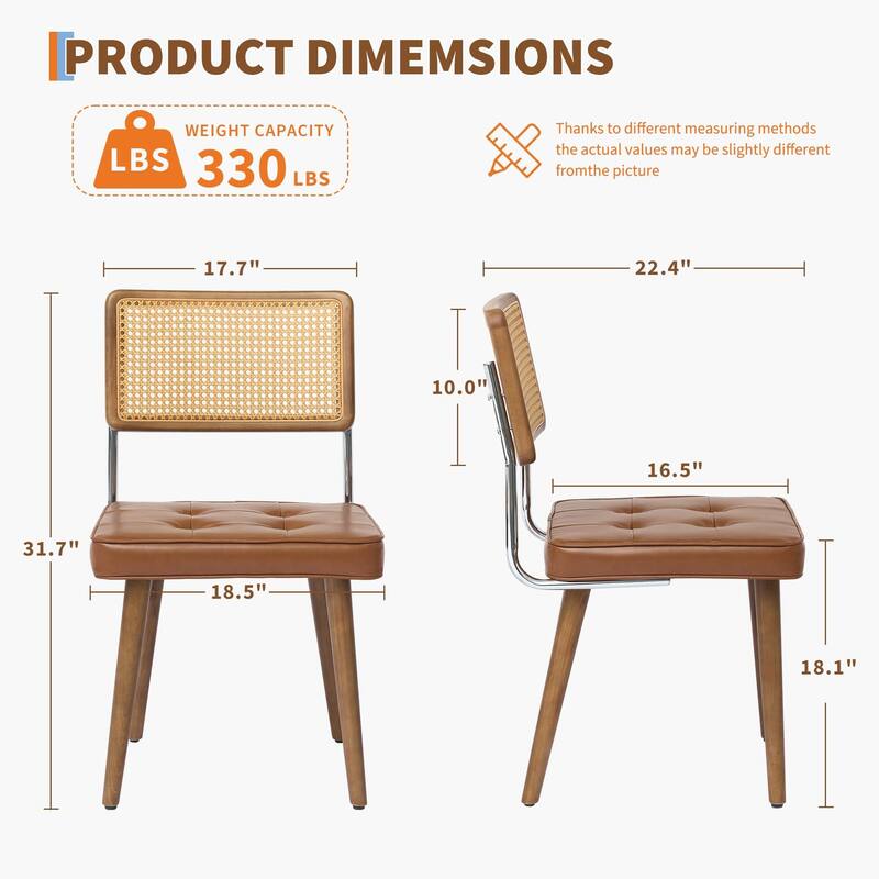 Midcentury Modern Dining Chairs of 2, PU Upholstered Kitchen Chairs with Tall Cane Backrest and Strong Wood Legs