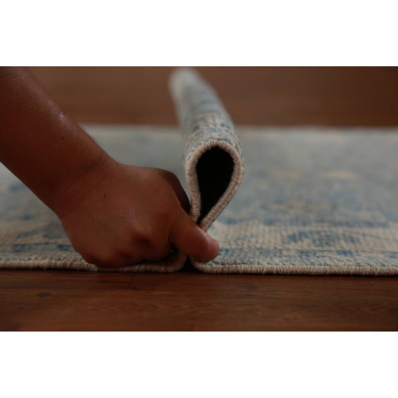 Hand Knotted Oriental 100% Wool Carpet Transitional Geometric Navy Blue & Blues Oushak Runner Rug - 14' 3'' X 2' 11''