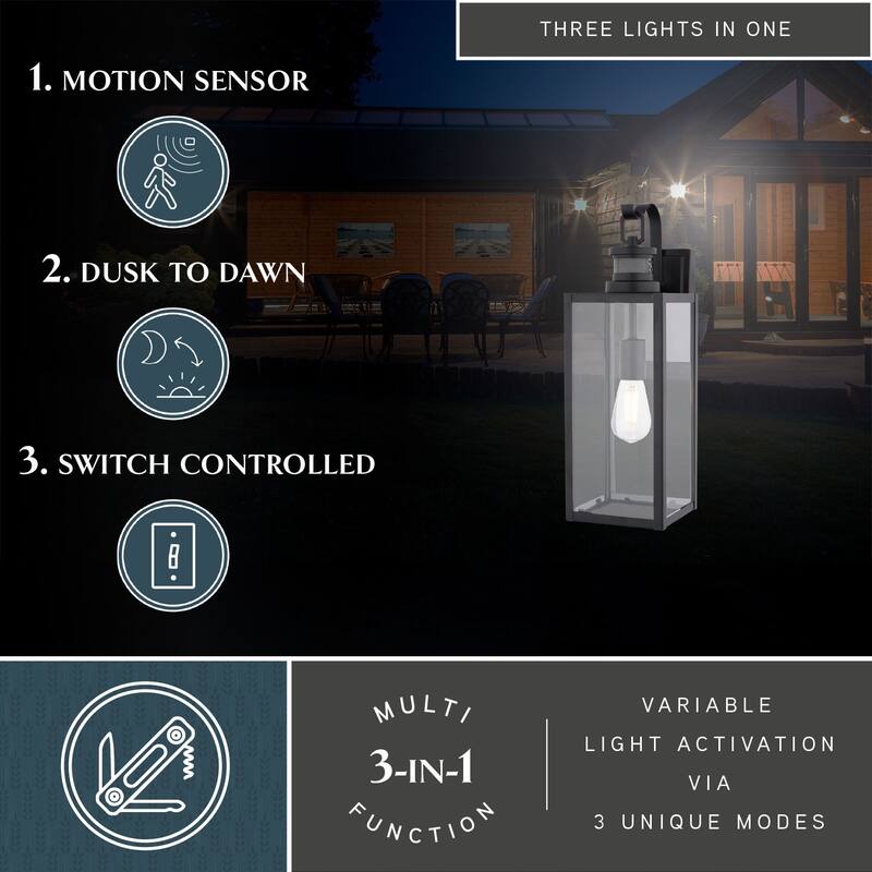 VAXCEL Clinton Matte Black Motion Sensor Dusk to Dawn Outdoor Wall Sconce Light Fixture, Steel, Clear Glass Shade