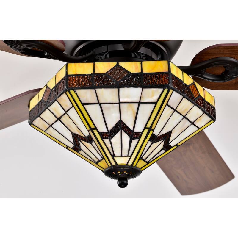 Lymelyn 52-Inch Flushmount Lighted Ceiling Fan Ivory Geometric Tiffany Glass Lamp Black Finish