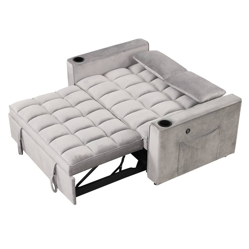 Loveseat Convertible Pull-out Sleeper Sofa Bed Adjustable Backrest Tufted Couch Futon Sofa w2 Pillows, USB Ports Pockets
