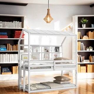Roof Shaped Bunk Bed With Built-In Bookshelf With Protective Rope, Wooden Kids Bunk Bed With Side Stairs