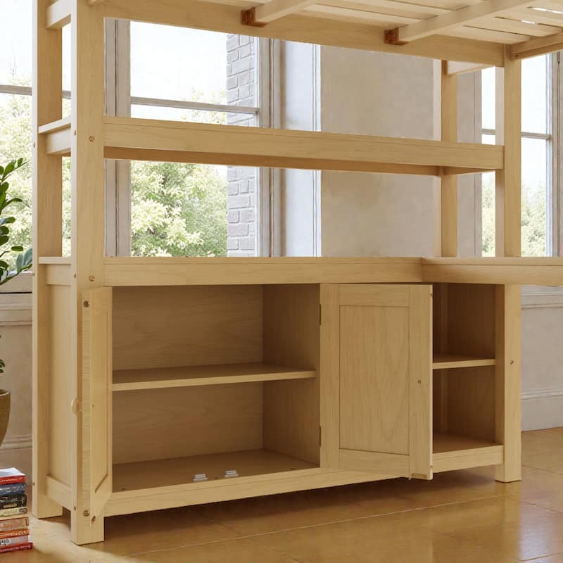 Queen Wood Loft Bed with Wardrobe, Desk & Bookshelf, Space-Saving Loft Bed with Storage Cabinet and Ladder for Kids & Teens