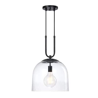 Astra 60 Watt 1-Light Matte Black Down Pendant Light with Clear Ice Glass Shade - 20.75