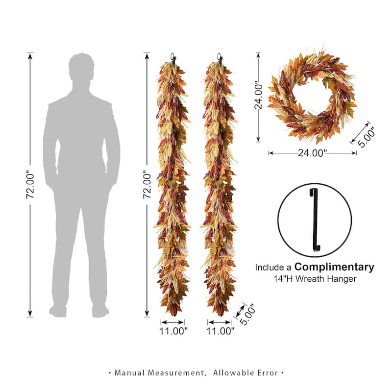 Glitzhome 5-Piece Fall Multi-Colored Sorghum Sunflower Pumpkin Wreath & Garland & Porch Tree Set