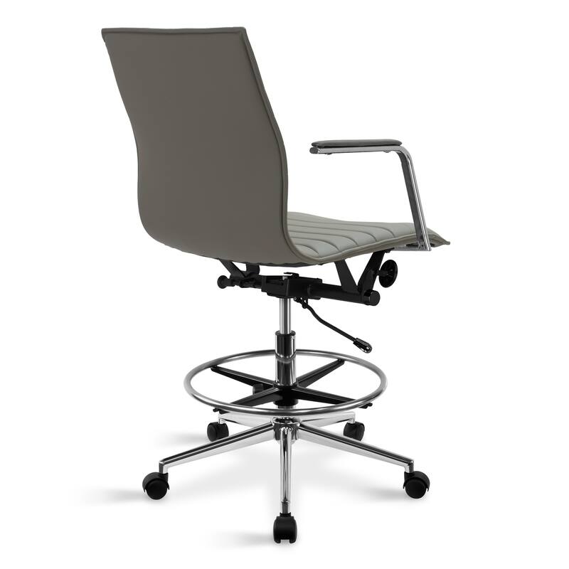 Set of 2 Modern Drafting Chair Upholstered PU Leather Ribbed Mid Back with Tall Adjustable Rest Computer Armchair