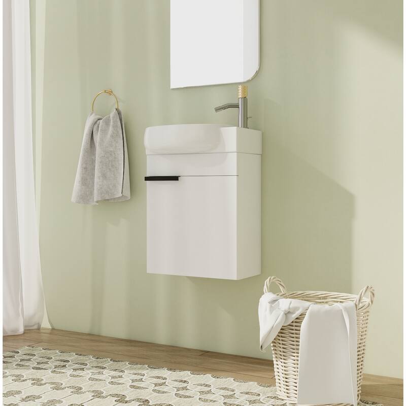 Malwee 16" Floating Bathroom Vanity, Mini Wall Mounted Bathroom Vanity with Ceramic Sink and Soft Close Door - White