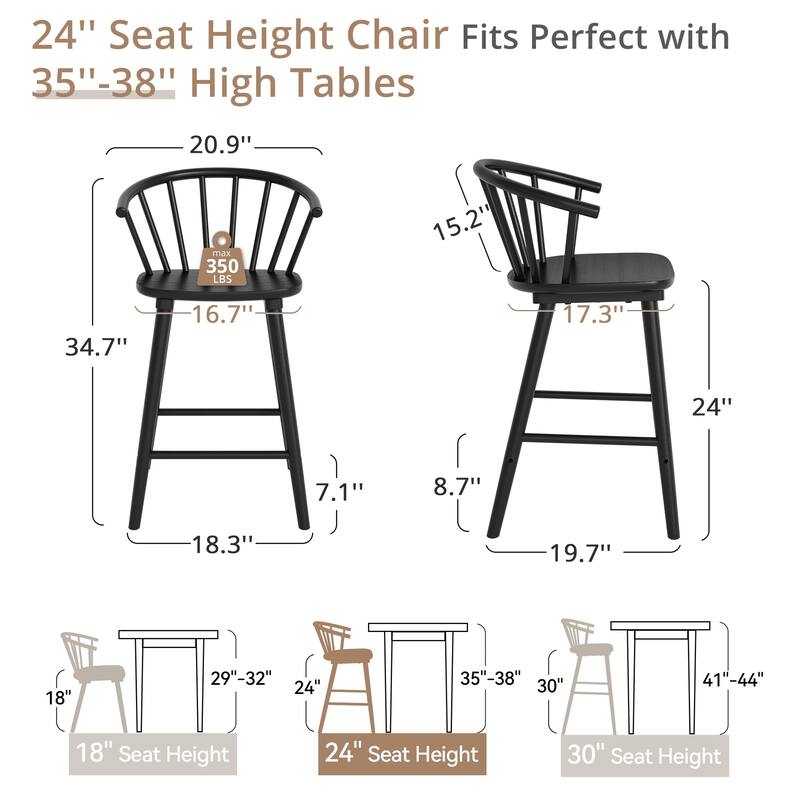 Set of 2 Counter Height 24.in Bar Stools for Kitchen Island with Solid Wood and Spindle Back Barstool