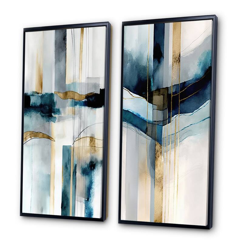 Designart "Abstract Transitional Modern Shapes" Abstract Shapes Framed Wall Art Set Of 2 - Blue Wall Art Set Of 2