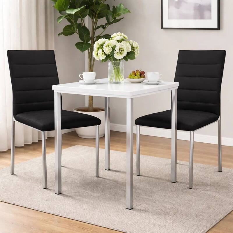 Eun 23 Inch Faux Leather Dining Chair, Chrome Legs, Set of 2, Dark Gray