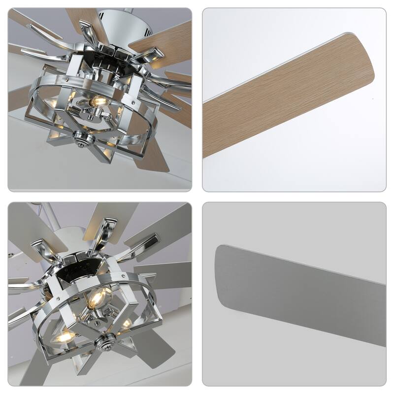 65" Large Wood Blade Ceiling Fan, 8 Blades and 3 Lights, Quiet DC Motor with Remote for Living Room