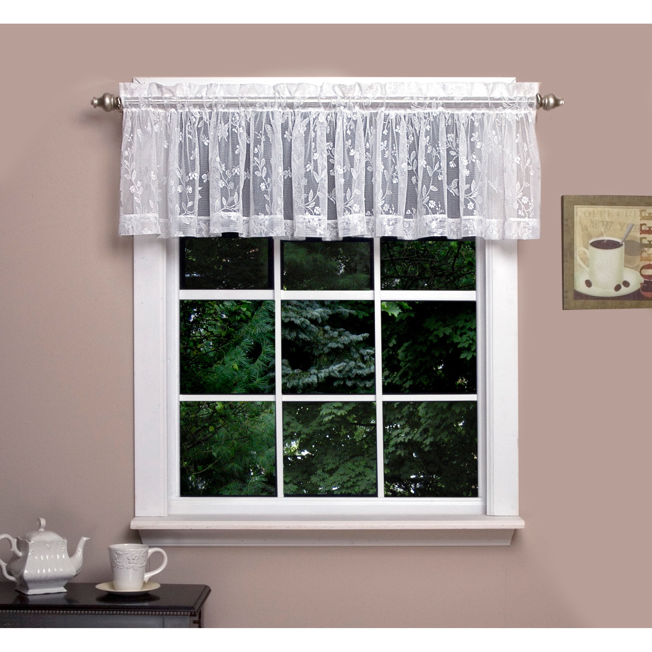 Isabella Lace Curtain Valance, Soft Light Filtering Butterfly Motif, Rod Pocket Panel Top, Two to One Fullness.