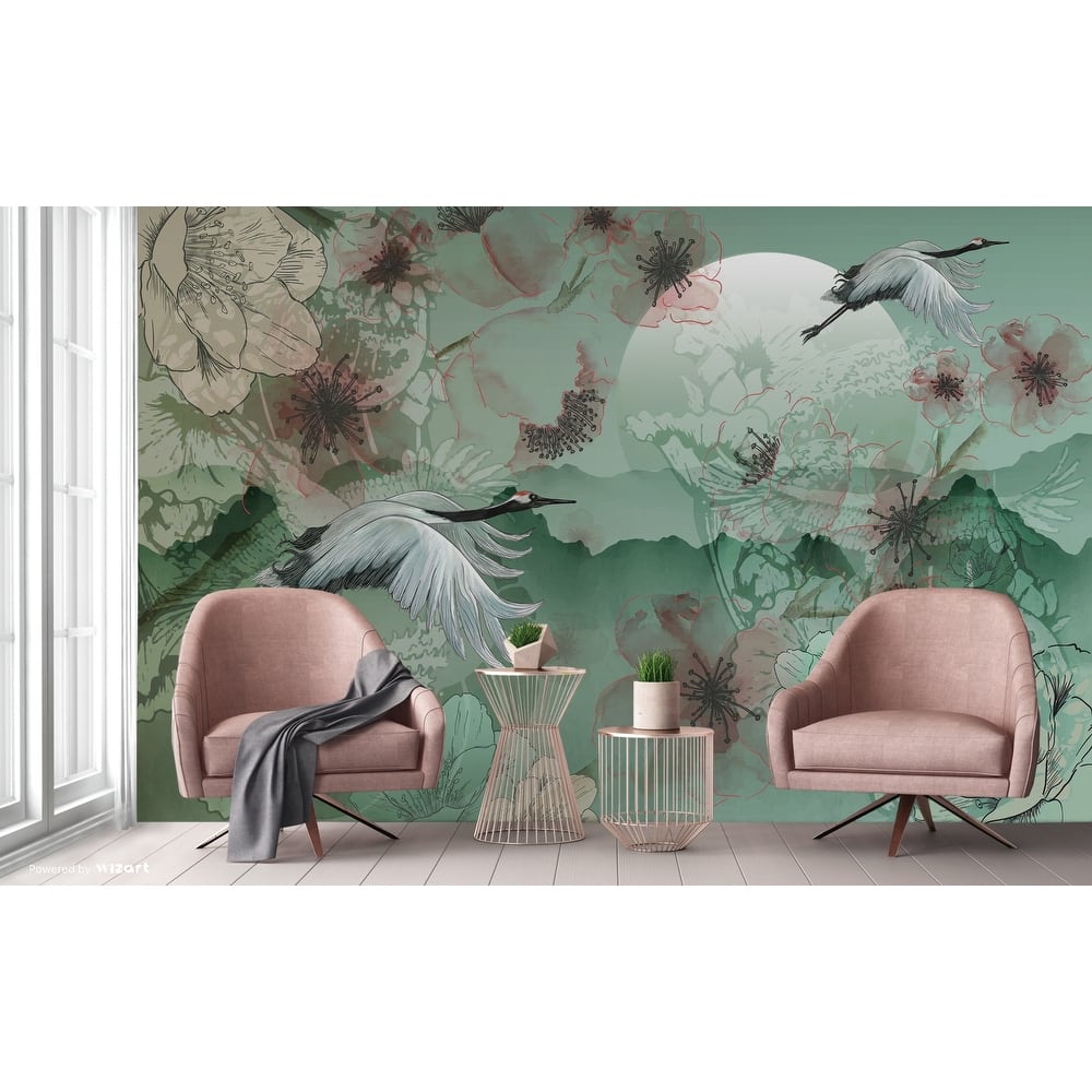 Serene Cranes and Blossoms Wallpaper Mural