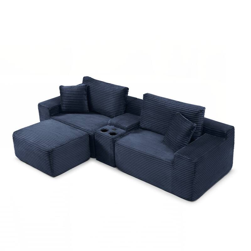 Modular Sectional Sofa, Deep Seat Corduroy Cloud Couch with Cup Holders, USB Ports & Storage Box - Blue