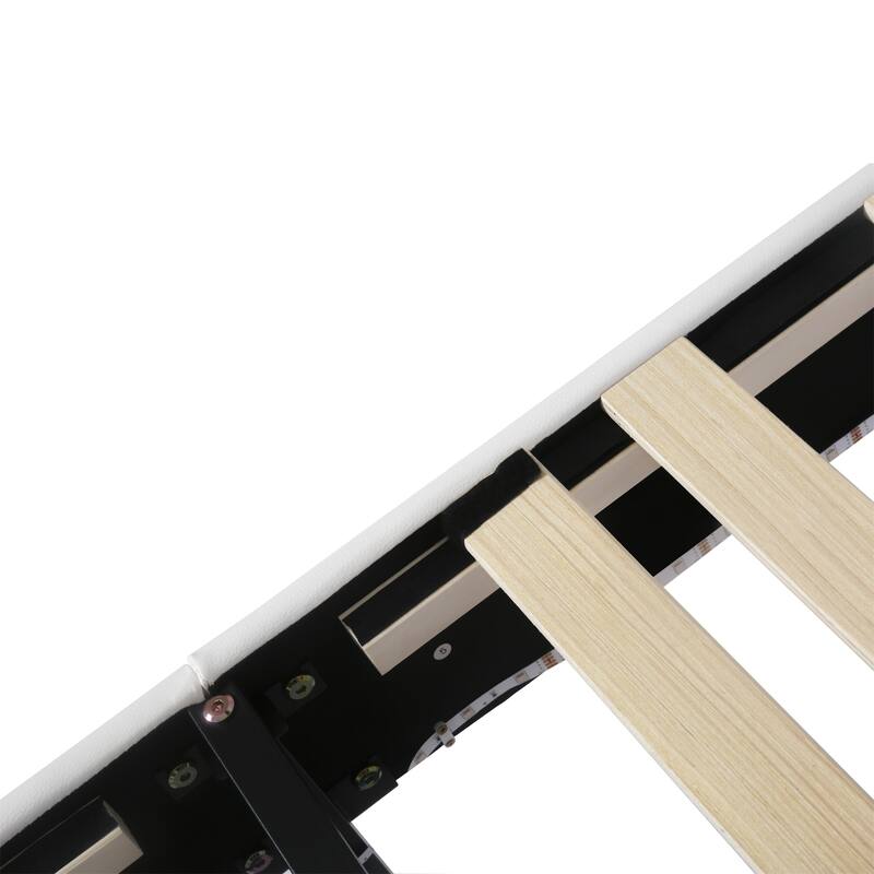 White Queen Upholstered Bed Frame with LED Lights and Crown Headboard, 12 Slats, 600 lbs Capacity