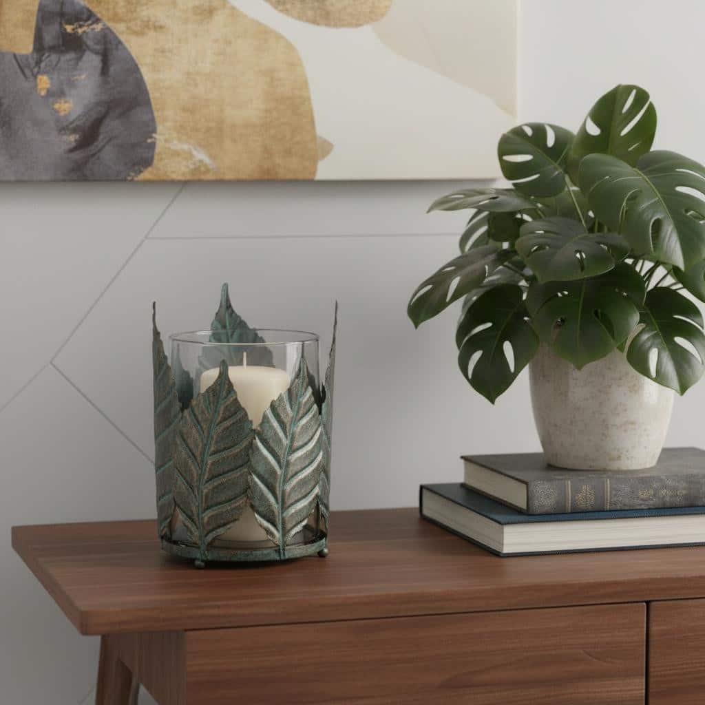 9" Green And Gold Distressed Botanical Leaf Metal And Glass Tabletop Hurricane Candle Holder