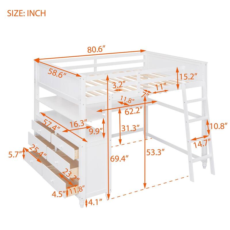Loft Bed with Drawers and Desk, Wooden Loft Bed with Shelves