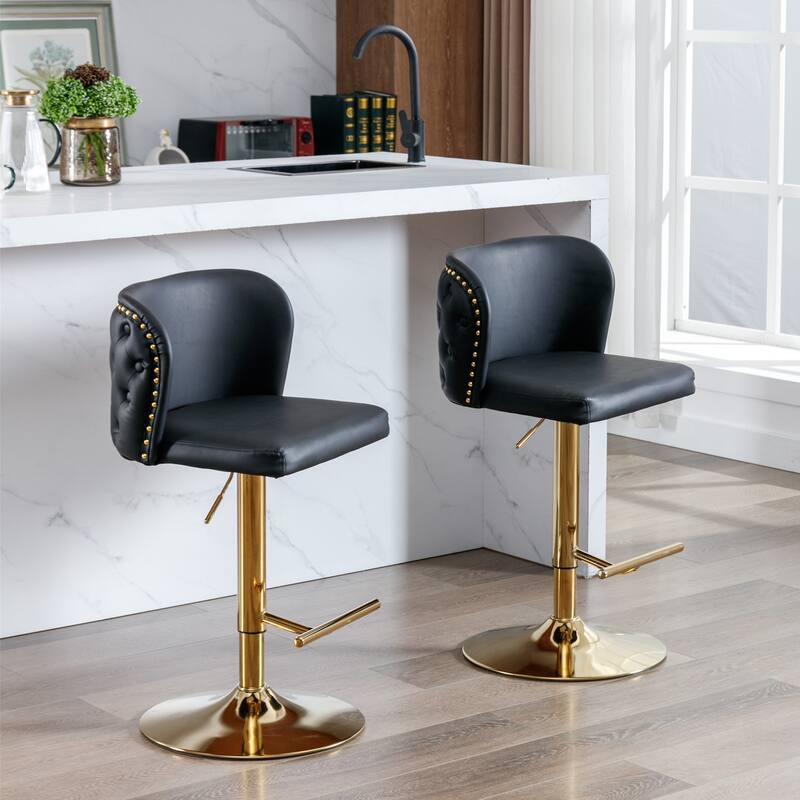 Set of 2 Adjusatble Swivel Bar Stools with PU Leather Tufted Back