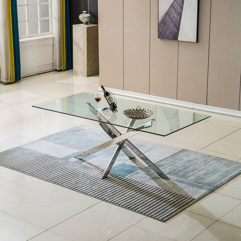 Dining Table Modern Tempered Glass Table with Steel Heavy Base Kitchen