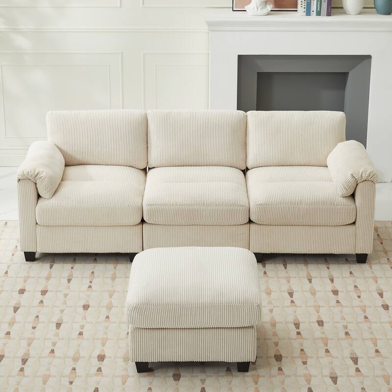 Multi-Seater Corduroy Sectional Sofa, Modular Settee, Included Removable Ottomans