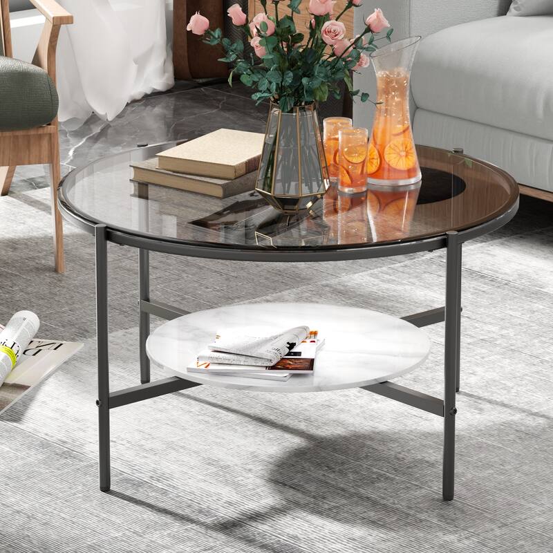 Gloss Round Coffee Table with Tempered Glass Top and Sintered Stone