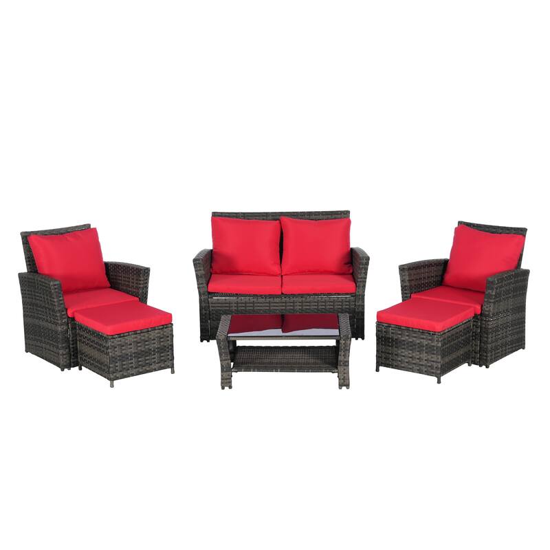 6 Pieces Patio Conversation Furniture Sets, All Weather Wicker Sectional Sofa with Glass Coffee Table and 2 Ottomans