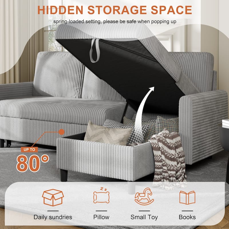 Futzca 3-in-1 Convertible Corduroy Sofa Bed with Storage, L-Shaped Sectional Couch