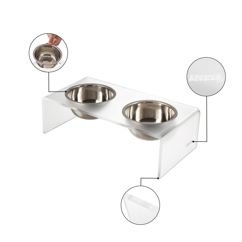 Keaton 5" Small/Medium Modern Lucite Rectangular Elevated Pet Feeder with 20oz 2-Stainless Steel Bowls