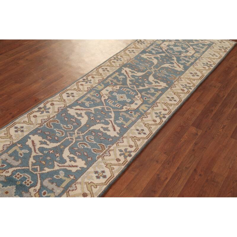 Light Blue Oushak Indian Runner Rug Handmade Wool Carpet - 2'7" x 10'2"