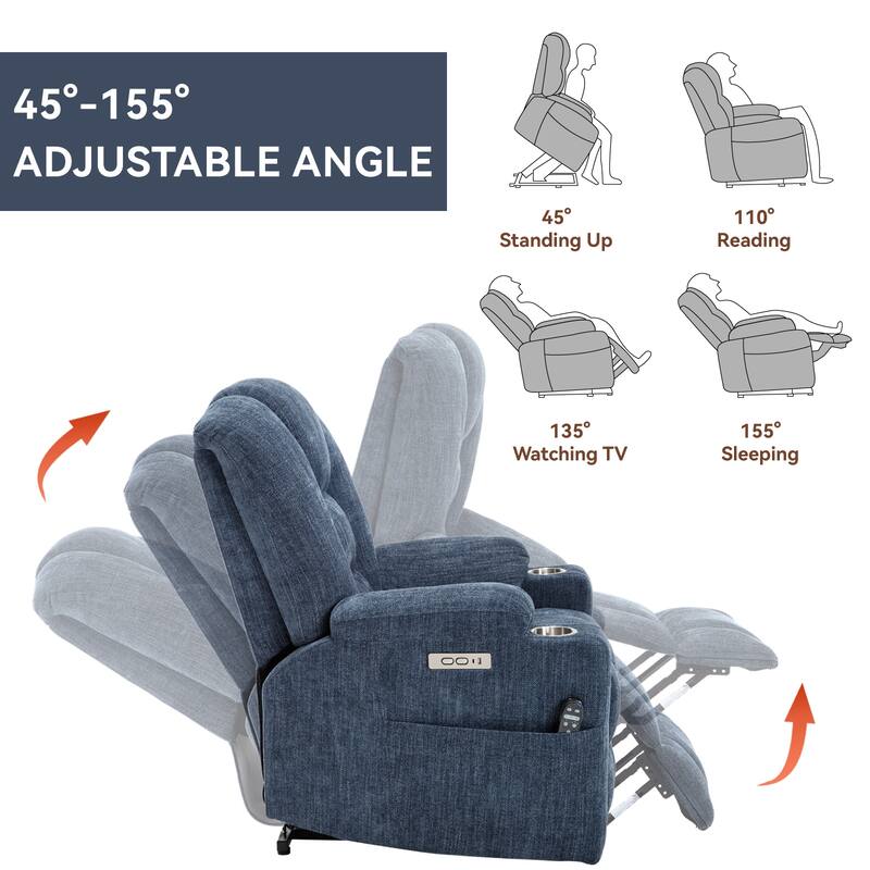 Roomfitters Oversized Power Lift Recliner, Massage Chair with USB A & C Ports and Dual Steel Cup Holders, Blue