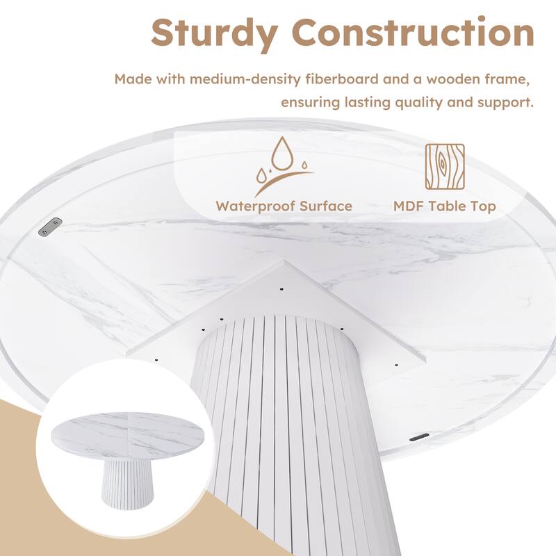 47 inch Round MDF Dining Table for 4, Modern Farmhouse Kitchen Table with Wood Strip Base, Circle Dinner Table