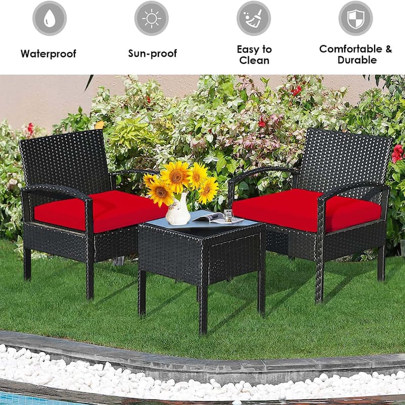 3PCS Patio Rattan Furniture Set with Cushioned Sofa and Coffee Table