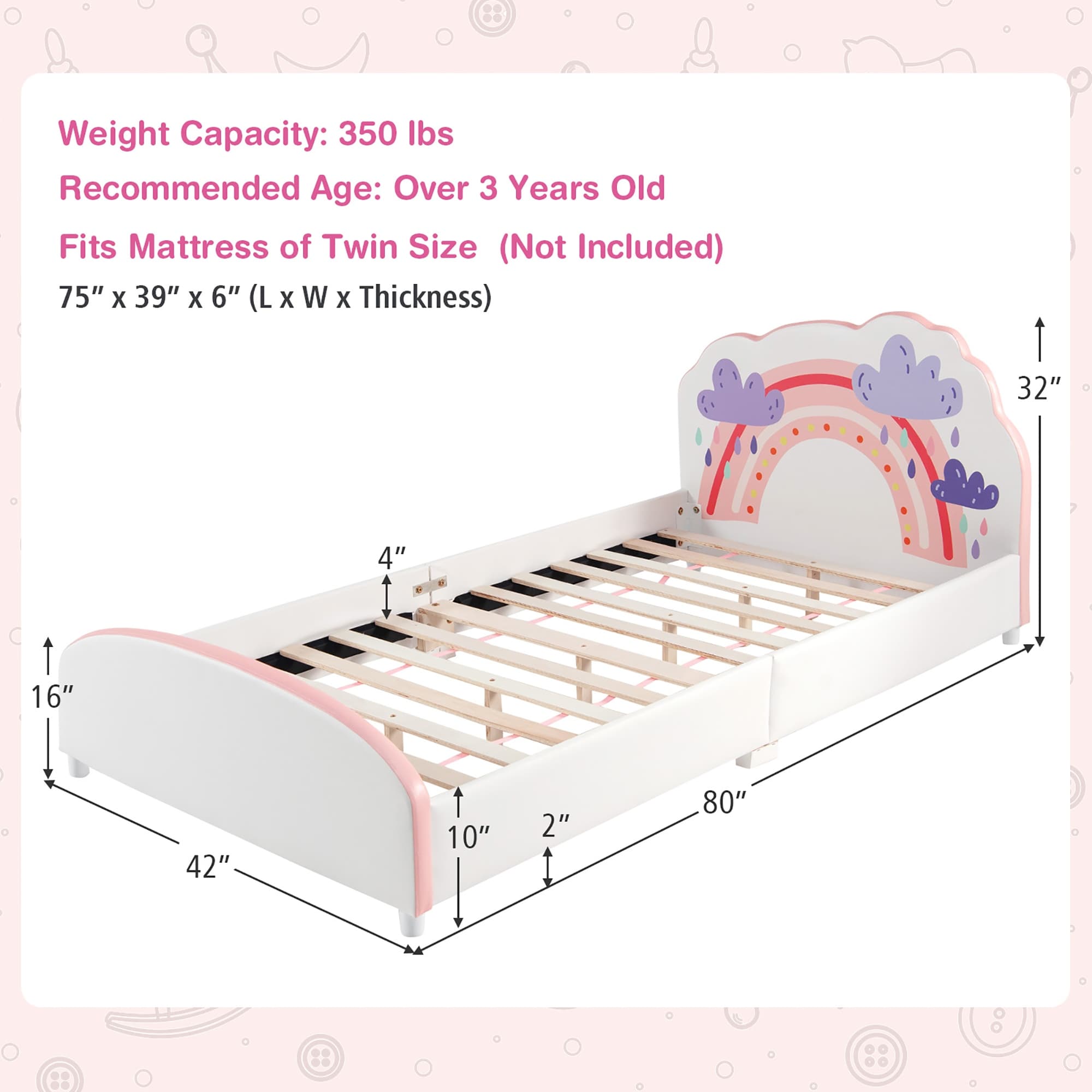 Costway Kids Upholstered Platform Bed Children Twin Size