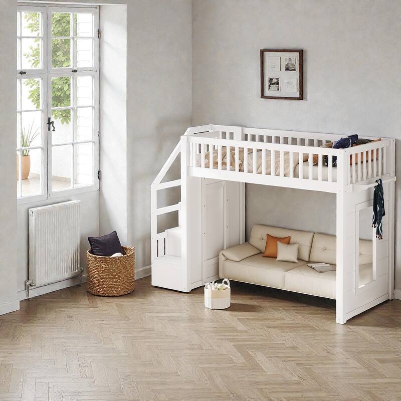 Loft Bed with Movable Desk, Storage Stairs & Shelves, Solid Wood Twin/Full High Loft Bed with Study Area & Safety Guardrails