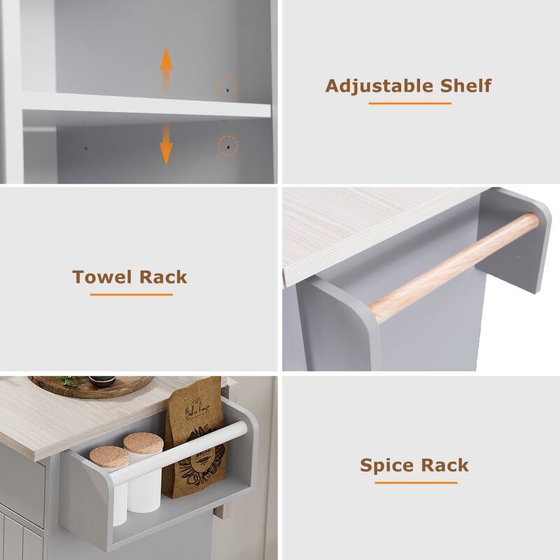 Kitchen Island with Trash Can Storage Cabinet,with Drop Leaf, Spice Rack, Towel Rack and Drawer, Rolling Kitchen Island on Wheel