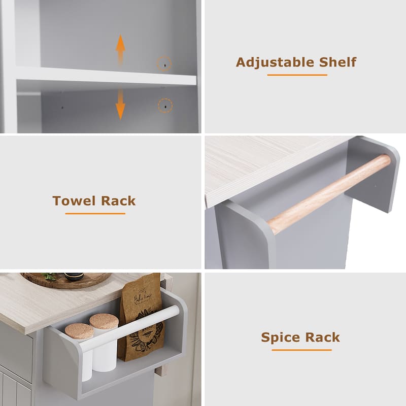 Roomfitters Kitchen Island with Trash Can Storage Cabinet, Drop Leaf, Spice Rack, Rolling Island on Wheels
