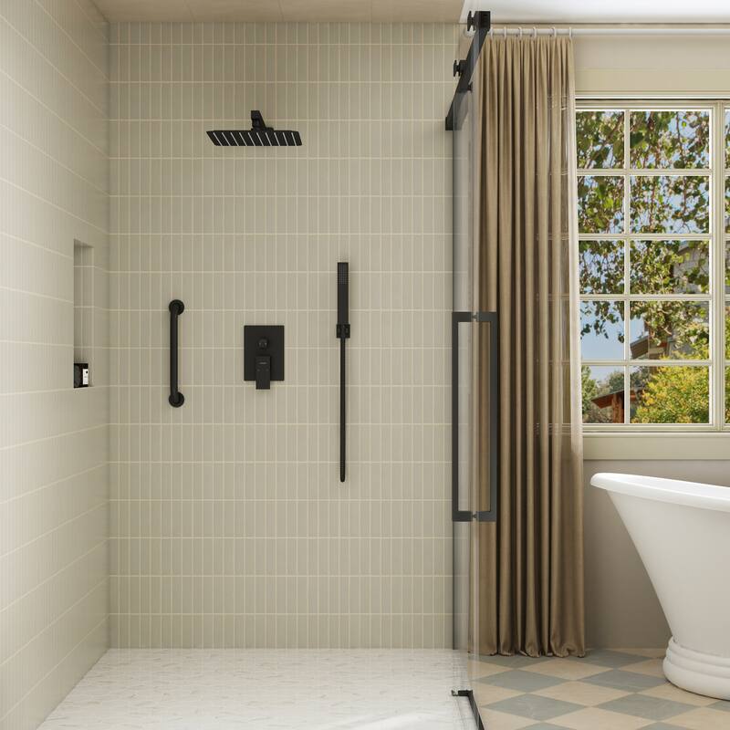 2-Spray 10 in. Wall Mount Fixed and Handheld Shower Head with Shower Grab Bar (Anti Scald Valve Included) - 10" x 10"