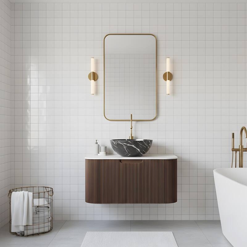 Wall Mounted Bathroom Vanity with Black Bowl Ceramic Basin - 30 - Dark Walnut