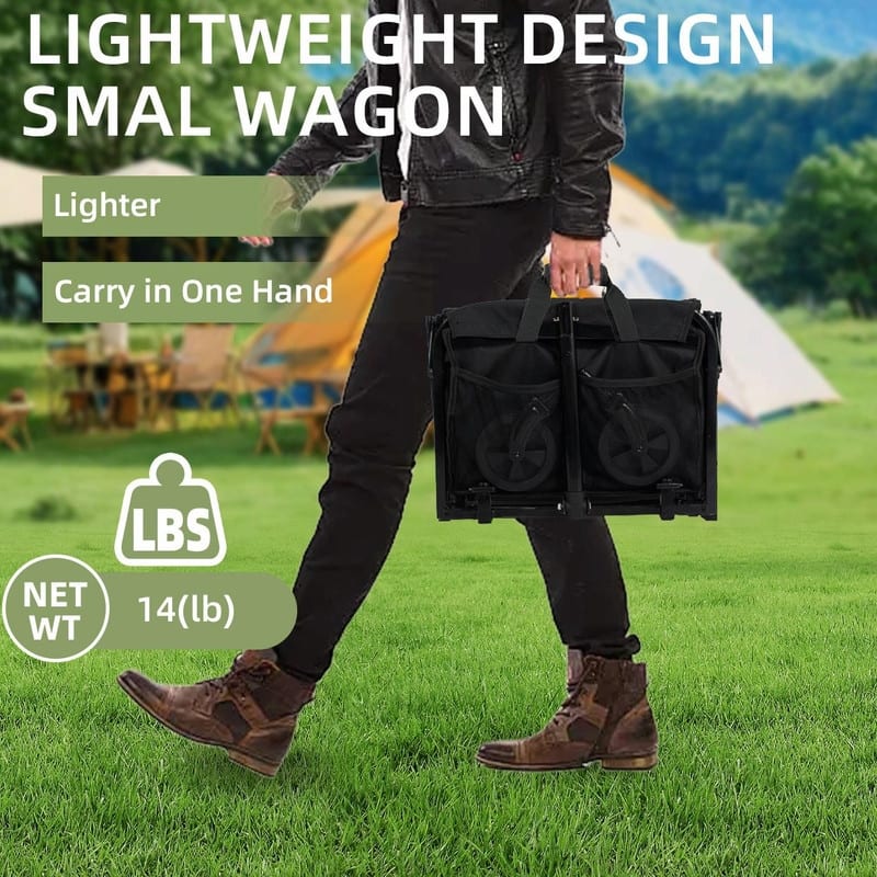 Collapsible Utility Wagon with Wheels, Lightweight Folding Cart with Cup Holders