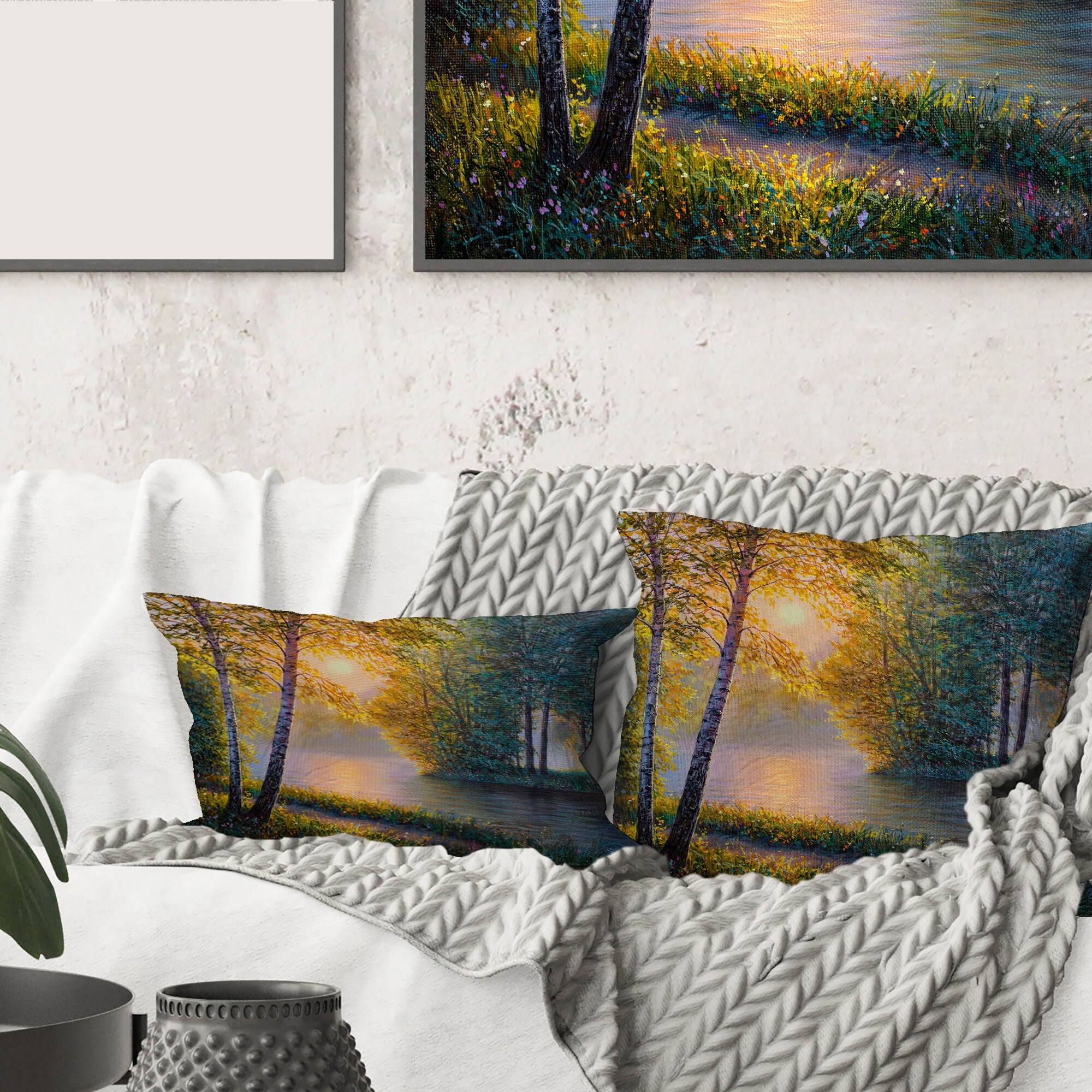 Designart Morning Summer With Beautiful River Spring Forest Lake House Printed Throw Pillow