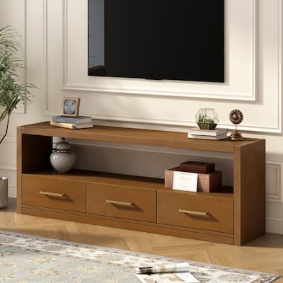 74" Wood TV Stand Wide Top Media Console Table w/ 3 Drawers, Metal Handles, Classic Entertainment Center for Living Room