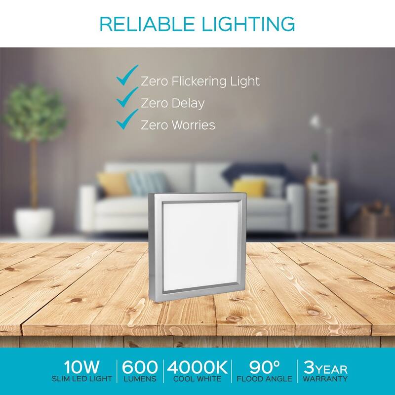 Luxrite 4 Inch Square Surface Mount LED Ceiling Light, 10W, 600 Lumens, Dimmable, Wet Rated, Energy Star, Nickel Finish