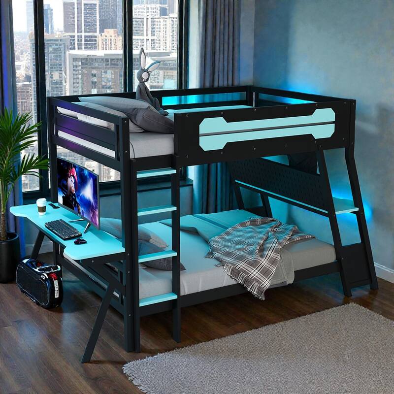 Twin/Full Gaming Bunk Bed with Dual Desks, USB Charging Ports and Pegboard Organizer, Gamer Bunk Frame