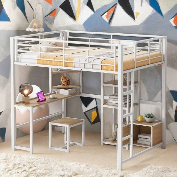 slide 2 of 25, Full Size Loft Bed with Desk and Stool, Metal Loft Bed with Open-Style Wardrobe, Shelves and Cabinet White