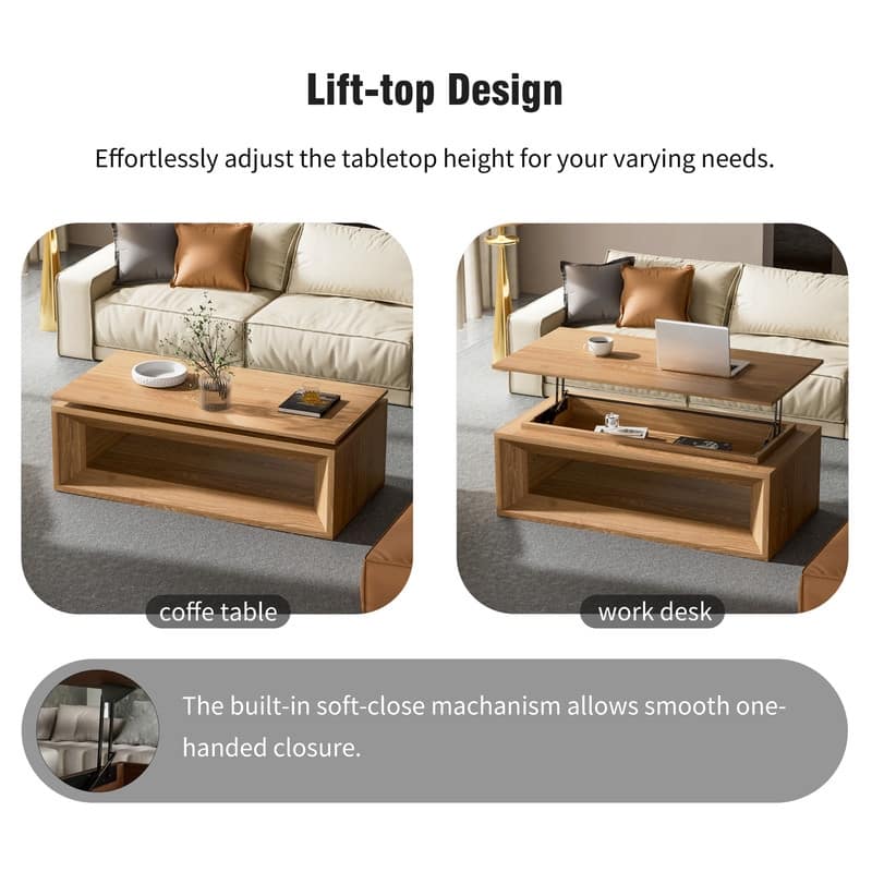 43.3" Lift-Top Coffee Table, Solid Wood Veneer Modern Accent Table with Storage and Adjustable Height
