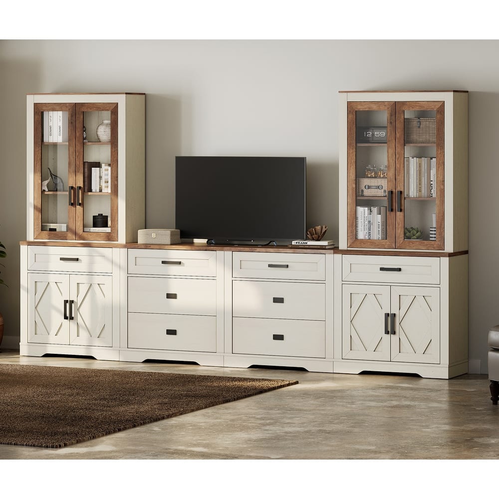 TV Stand For 70" TV with Tall Bookshelves, Barn Doors & Drawers