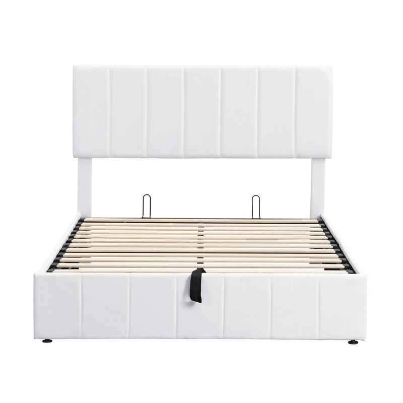 Hydraulic Lift Up Storage Bed, Linen Upholstered Platform Bed Frame with Vertical Panel Headboard, Wooden Slat Support