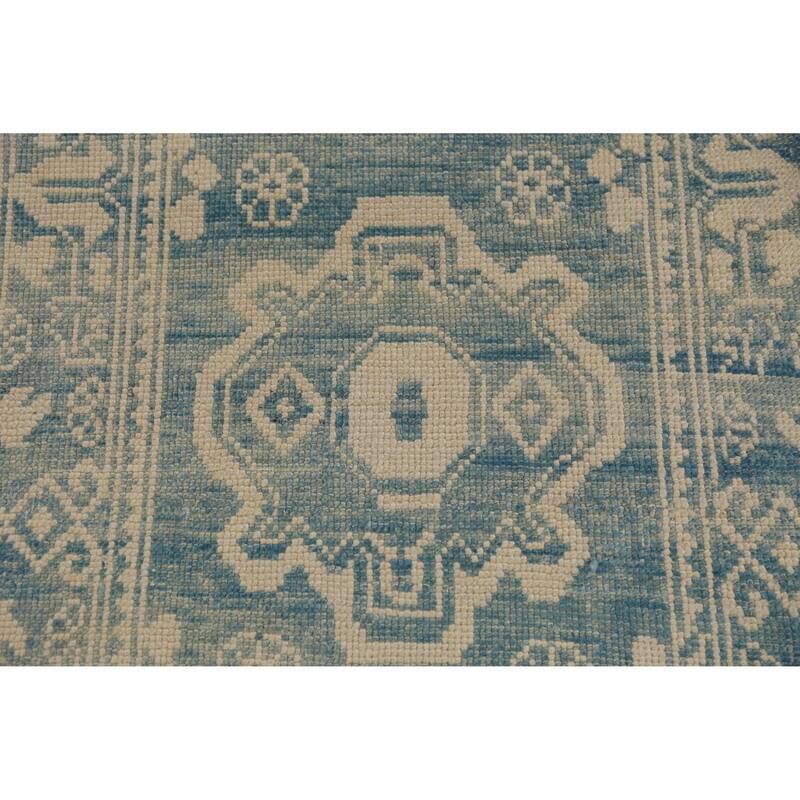 Hand Knotted Oriental 100% Wool Carpet Transitional Geometric Navy Blue & Blues Oushak Runner Rug - 14' 2'' X 3' 1''