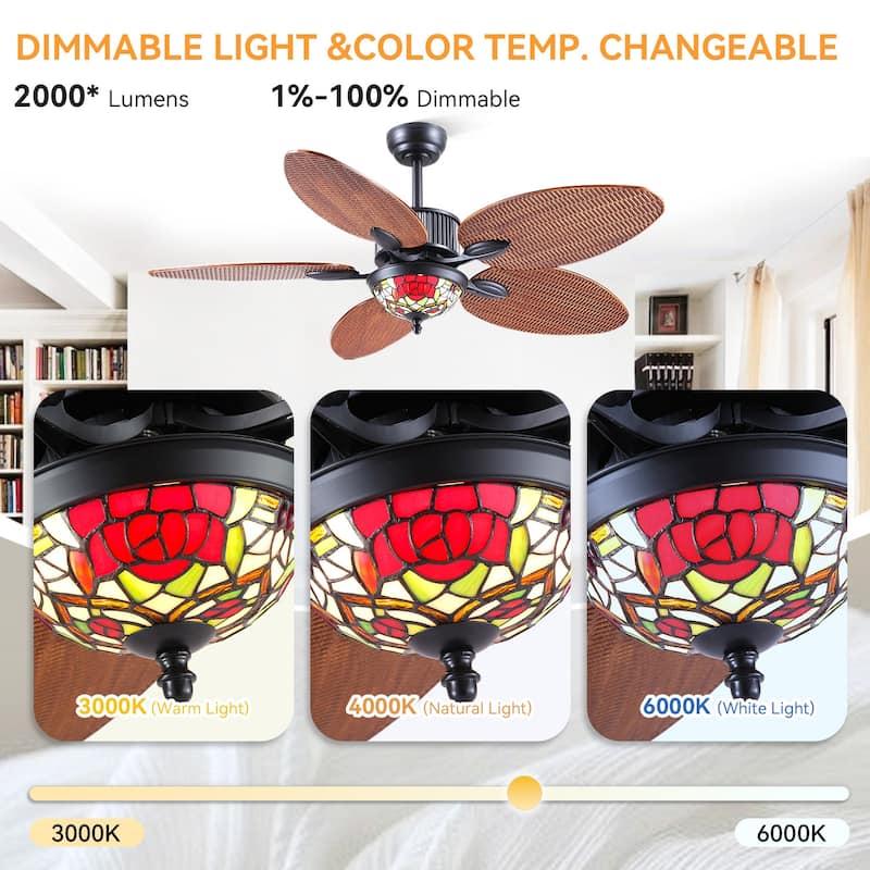 50" TiffanyTropical Ceiling Fan with 5 Palm Leaf Bllades and Vintage Cover Waterproof for Indoor and Outdoor Patio