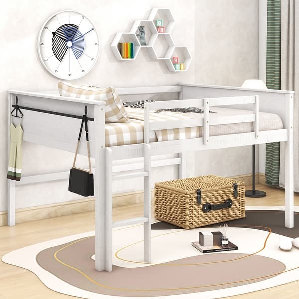 slide 2 of 16, Wood Full Size Loft Bed with Hanging Clothes Racks